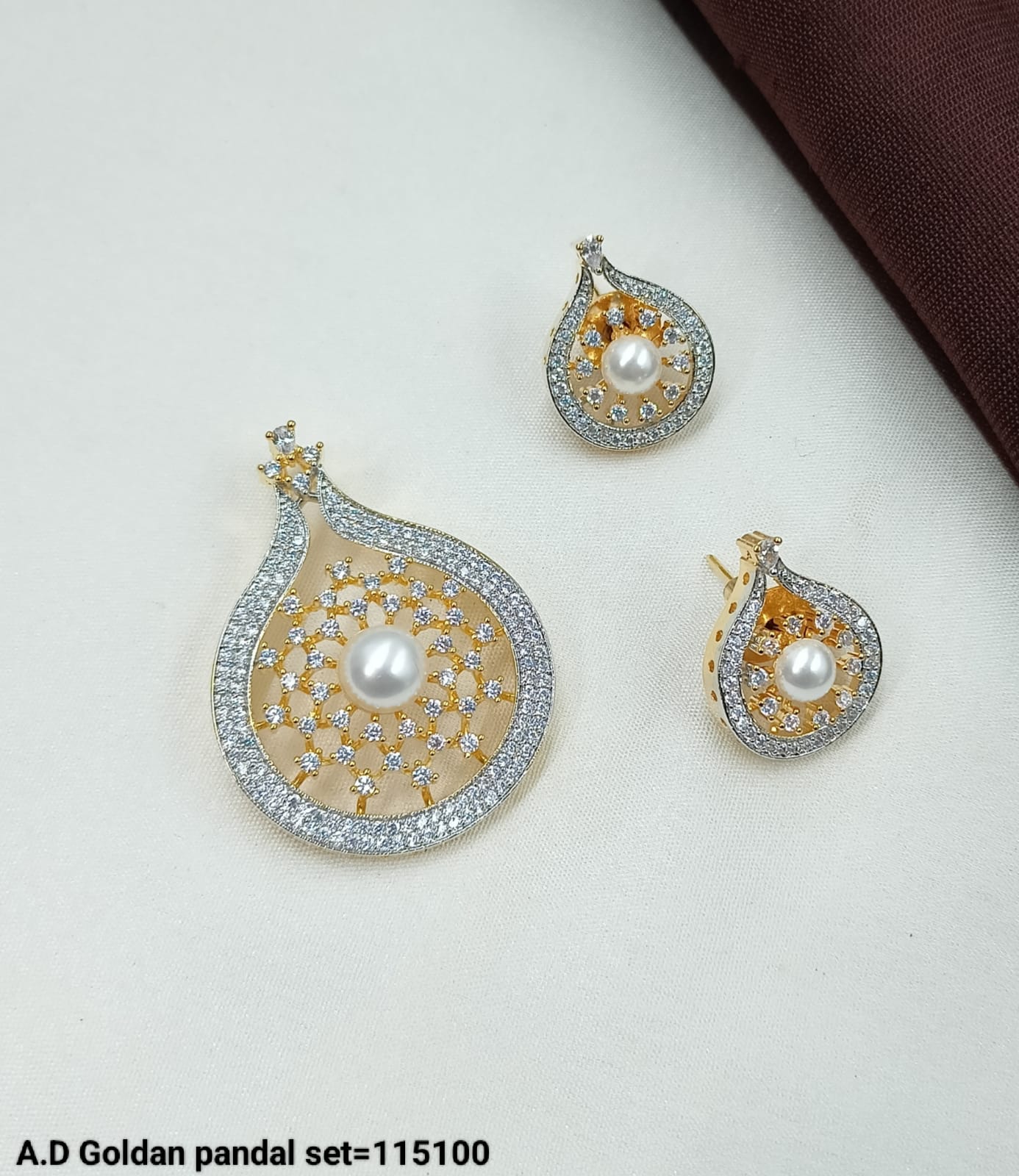 Elegant Gold & Diamond Pandal Jewelry Set with Pearl Accents – Pendant & Earrings